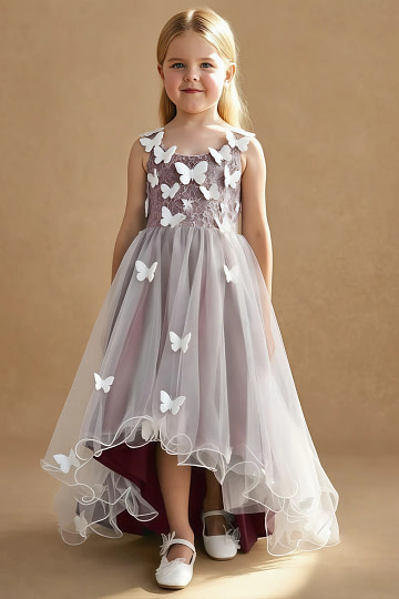 Akaks Eria Sangria Flower Girl Dress A-Line V-neck Lace Tulle Asymmetrical Hem Sleeveless 3D White Flowers Dress Image470325