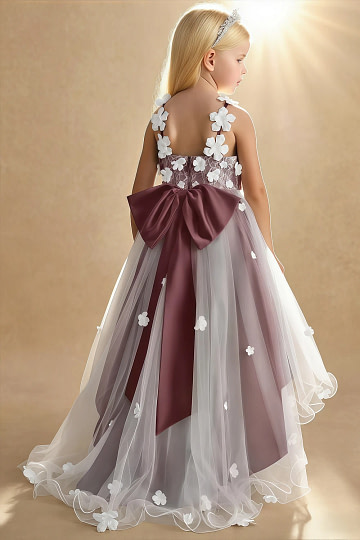 Akaks Eria Sangria Flower Girl Dress A-Line V-neck Lace Tulle Asymmetrical Hem Sleeveless 3D White Flowers Dress Image843780