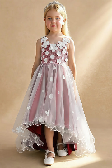 Akaks Eria Scarlet Flower Girl Dress A-Line V-neck Lace Tulle Asymmetrical Hem Sleeveless 3D White Flowers Dress Image775033