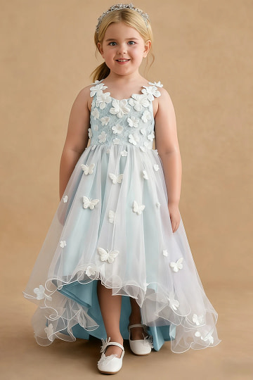 Akaks Eria Sea Glass Flower Girl Dress A-Line V-neck Lace Tulle Asymmetrical Hem Sleeveless 3D White Flowers Dress Image647955