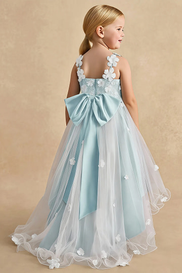 Akaks Eria Sea Glass Flower Girl Dress A-Line V-neck Lace Tulle Asymmetrical Hem Sleeveless 3D White Flowers Dress Image725370