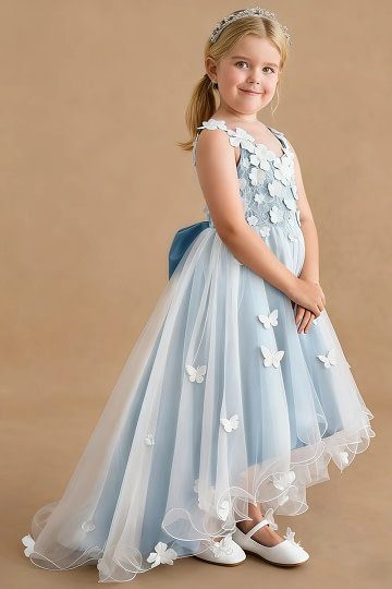 Akaks Eria Steel Blue Flower Girl Dress A-Line V-neck Lace Tulle Asymmetrical Hem Sleeveless 3D White Flowers Dress Image198617