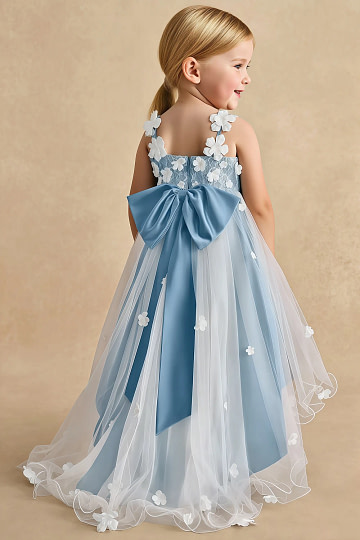 Akaks Eria Steel Blue Flower Girl Dress A-Line V-neck Lace Tulle Asymmetrical Hem Sleeveless 3D White Flowers Dress Image363116