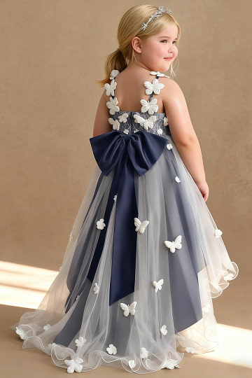Akaks Eria Stormy Blue Flower Girl Dress A-Line V-neck Lace Tulle Asymmetrical Hem Sleeveless 3D White Flowers Dress Image231006