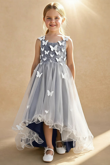 Akaks Eria Stormy Blue Flower Girl Dress A-Line V-neck Lace Tulle Asymmetrical Hem Sleeveless 3D White Flowers Dress Image824813
