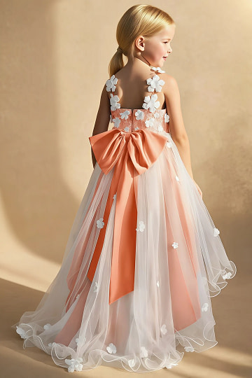 Akaks Eria Sunset Flower Girl Dress A-Line V-neck Lace Tulle Asymmetrical Hem Sleeveless 3D White Flowers Dress Image338392