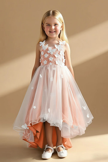 Akaks Eria Sunset Flower Girl Dress A-Line V-neck Lace Tulle Asymmetrical Hem Sleeveless 3D White Flowers Dress Image987059