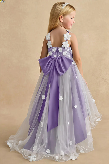 Akaks Eria Tahiti Flower Girl Dress A-Line V-neck Lace Tulle Asymmetrical Hem Sleeveless 3D White Flowers Dress Image680827