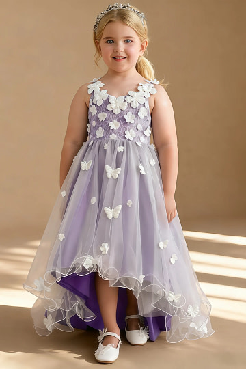 Akaks Eria Tahiti Flower Girl Dress A-Line V-neck Lace Tulle Asymmetrical Hem Sleeveless 3D White Flowers Dress Image937220