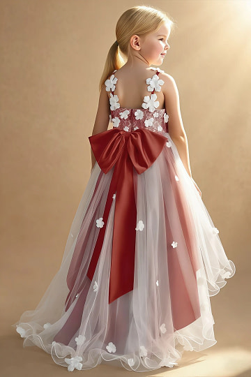 Akaks Eria Terracotta Flower Girl Dress A-Line V-neck Lace Tulle Asymmetrical Hem Sleeveless 3D White Flowers Dress Image135601
