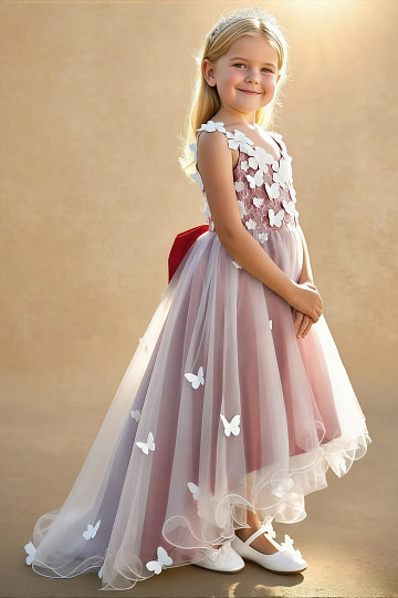 Akaks Eria Terracotta Flower Girl Dress A-Line V-neck Lace Tulle Asymmetrical Hem Sleeveless 3D White Flowers Dress Image707845
