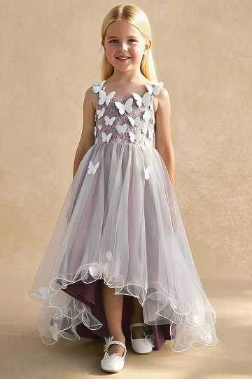 Akaks Eria Vintage Mauve Flower Girl Dress A-Line V-neck Lace Tulle Asymmetrical Hem Sleeveless 3D White Flowers Dress Image611607