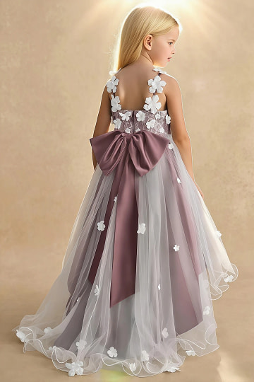Akaks Eria Vintage Mauve Flower Girl Dress A-Line V-neck Lace Tulle Asymmetrical Hem Sleeveless 3D White Flowers Dress Image766013