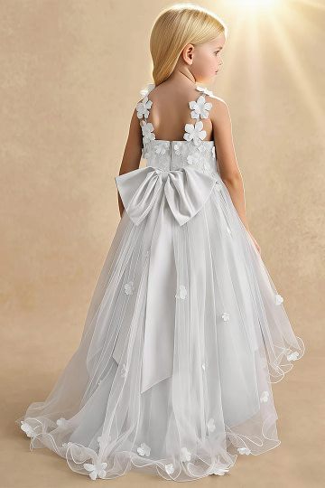 Akaks Eria White Flower Girl Dress A-Line V-neck Lace Tulle Asymmetrical Hem Sleeveless 3D White Flowers Dress Image110331