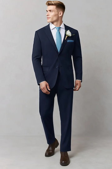 Akaks James Wool Navy Blue Suit Classic Single-Breasted Notch Lapels Jacket Adjustable Hems Pants Image982967