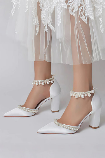 Akaks Jessa Block Heel Pointed Toe Pumps White with Pearls Image998936