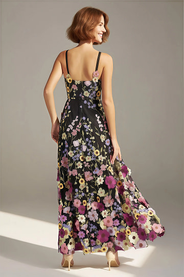 Akaks Lone Black Wedding Guest Dress A-Line V-Neck Floor Length Tulle Dress with 3d Flower Image418425