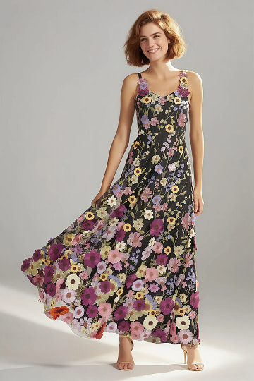 Akaks Lone Black Wedding Guest Dress A-Line V-Neck Floor Length Tulle Dress with 3d Flower Image551176