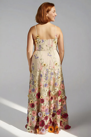 Akaks Lone Champagne Plus Size Wedding Guest Dress A-Line V-Neck Floor Length Tulle Dress with 3d Flower Image530319