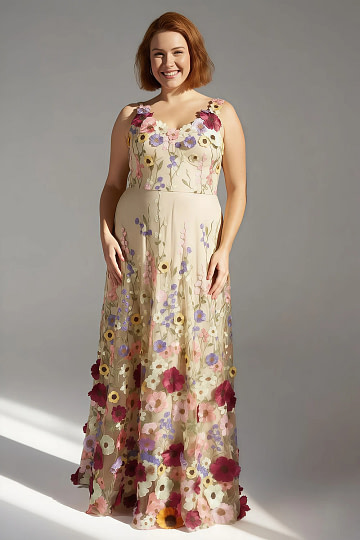Akaks Lone Champagne Plus Size Wedding Guest Dress A-Line V-Neck Floor Length Tulle Dress with 3d Flower Image830923