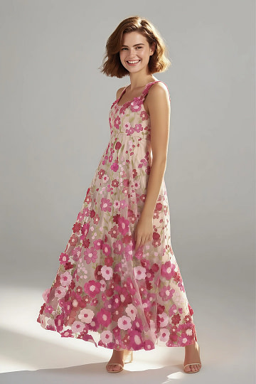 Akaks Lone Fuchsia Wedding Guest Dress A-Line V-Neck Floor Length Tulle Dress with 3d Flower Image861365