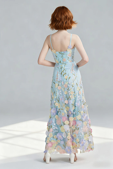 Akaks Lone Light Blue Wedding Guest Dress A-Line V-Neck Floor Length Tulle Dress with 3d Flower Image580304