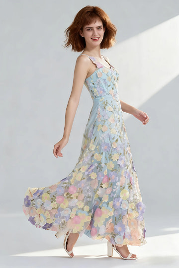 Akaks Lone Light Blue Wedding Guest Dress A-Line V-Neck Floor Length Tulle Dress with 3d Flower Image785726