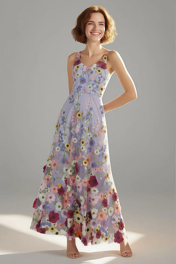 Akaks Lone Lilac Wedding Guest Dress A-Line V-Neck Floor Length Tulle Dress with 3d Flower Image576928