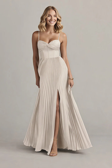 Akaks Orla Ivory Wedding Guest Dress A-Line Sweetheart Neckline Floor Length Stretch Satin Pleated Dress with Slit Image359958