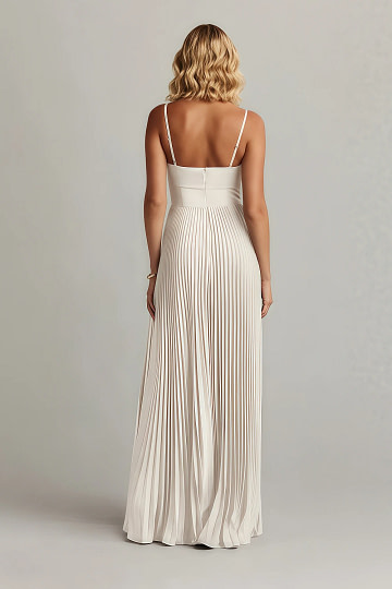 Akaks Orla Ivory Wedding Guest Dress A-Line Sweetheart Neckline Floor Length Stretch Satin Pleated Dress with Slit Image393734