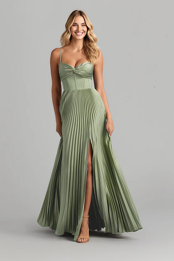 Akaks Orla Sage Green Wedding Guest Dress A-Line Sweetheart Neckline Floor Length Stretch Satin Pleated Dress with Slit Image693391
