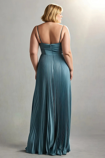Akaks Orla Steel Blue Wedding Guest Dress A-Line Sweetheart Neckline Floor Length Stretch Satin Pleated Dress with Slit Image382709