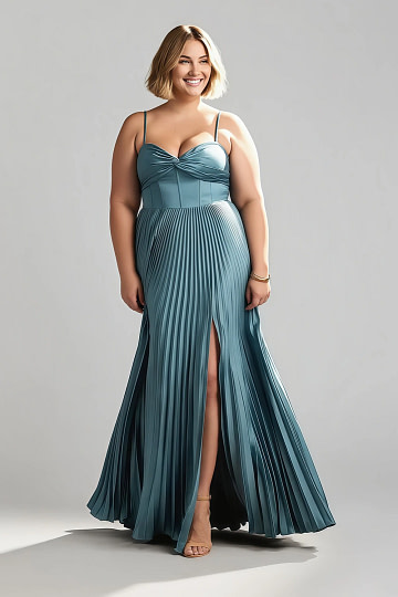 Akaks Orla Steel Blue Wedding Guest Dress A-Line Sweetheart Neckline Floor Length Stretch Satin Pleated Dress with Slit Image604773
