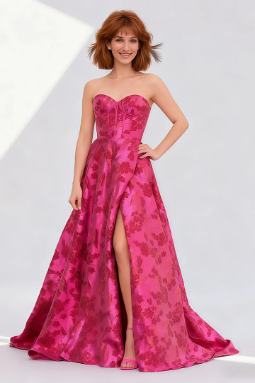 Akaks Tansy Fuchsia Dress for Wedding Guest A-Line Strapless Sweetheart Neckline Floor Length Floral Satin Dress with Slit Image279061