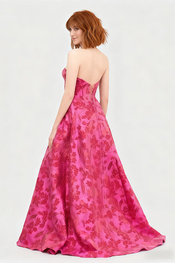 Akaks Tansy Fuchsia Dress for Wedding Guest A-Line Strapless Sweetheart Neckline Floor Length Floral Satin Dress with Slit Image743426