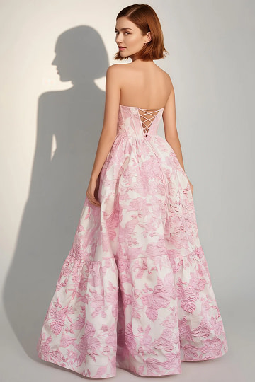 Akaks Una Blush Pink Dress for Wedding Guest A-Line Strapless Sweetheart Neckline Floor Length Floral Satin Dress Image403263