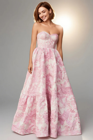 Akaks Una Blush Pink Dress for Wedding Guest A-Line Strapless Sweetheart Neckline Floor Length Floral Satin Dress Image432325