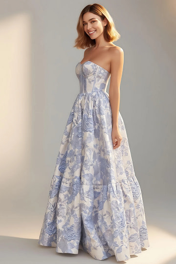 Akaks Una Lavender Wedding Guest Dress A-Line Strapless Sweetheart Neckline Floor Length Floral Satin Dress Image771582