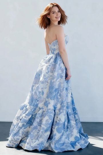 Akaks Una Light Blue Dress for Wedding Guest A-Line Strapless Sweetheart Neckline Floor Length Floral Satin Dress Image527032