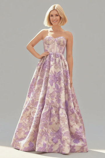 Akaks Una Lilac Dress for Wedding Guest A-Line Strapless Sweetheart Neckline Floor Length Floral Satin Dress Image903507