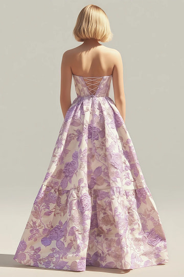 Akaks Una Lilac Dress for Wedding Guest A-Line Strapless Sweetheart Neckline Floor Length Floral Satin Dress Image946530
