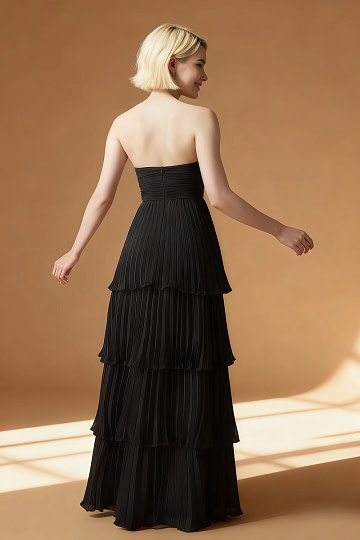Akaks Veda Black Dress for Wedding Guest A-Line Strapless Sweetheart Neckline Floor Length Chiffon Dress with Tiered Ruffle Image105463