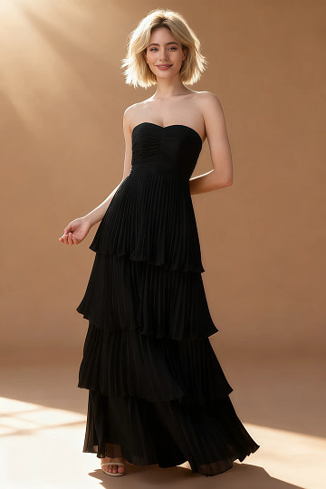 Akaks Veda Black Dress for Wedding Guest A-Line Strapless Sweetheart Neckline Floor Length Chiffon Dress with Tiered Ruffle Image810343