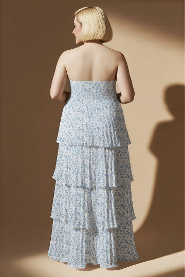 Akaks Veda Blue Floral Plus Size Dresses for Wedding Guests A-Line Strapless Sweetheart Neckline Floor Length Chiffon Dress with Tiered Ruffle Image152836