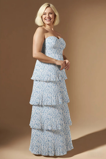 Akaks Veda Blue Floral Plus Size Dresses for Wedding Guests A-Line Strapless Sweetheart Neckline Floor Length Chiffon Dress with Tiered Ruffle Image379036