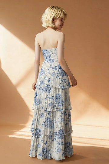 Akaks Veda Blue Floral Wedding Guest Dress A-Line Strapless Sweetheart Neckline Floor Length Chiffon Dress with Tiered Ruffle Image111409