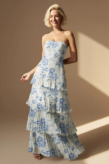 Akaks Veda Blue Floral Wedding Guest Dress A-Line Strapless Sweetheart Neckline Floor Length Chiffon Dress with Tiered Ruffle Image445560