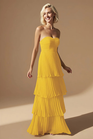 Akaks Veda Canary Yellow Wedding Guest Dress A-Line Strapless Sweetheart Neckline Floor Length Chiffon Dress with Tiered Ruffle Image366263