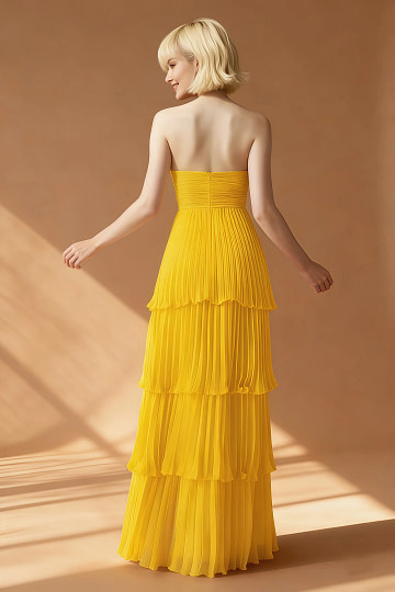 Akaks Veda Canary Yellow Wedding Guest Dress A-Line Strapless Sweetheart Neckline Floor Length Chiffon Dress with Tiered Ruffle Image658303