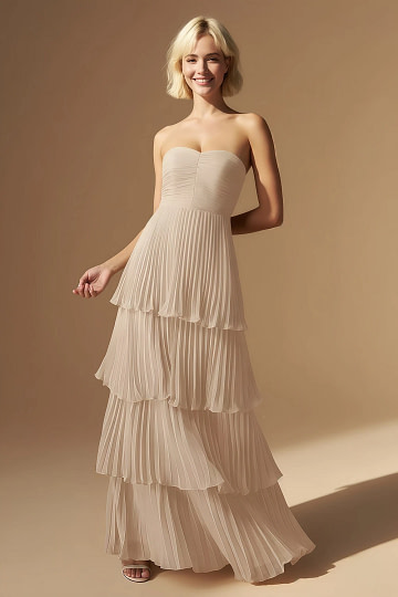 Akaks Veda Champagne Dress for Wedding Guest A-Line Strapless Sweetheart Neckline Floor Length Chiffon Dress with Tiered Ruffle Image975519